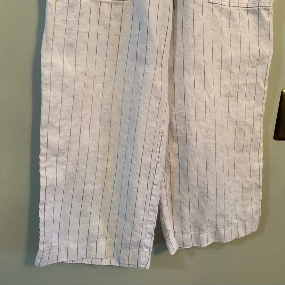 Athleta Linen striped white wide leg drawstring cropped  pant size 6